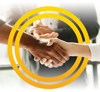 Mediation firm website banner with handshake, yellow circle, and person in the background, highlighting conflict resolution.